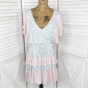 StitchDrop Mendocino Flutter Sleeve Ruffle Dress Pink Blue Small Floral Cottage